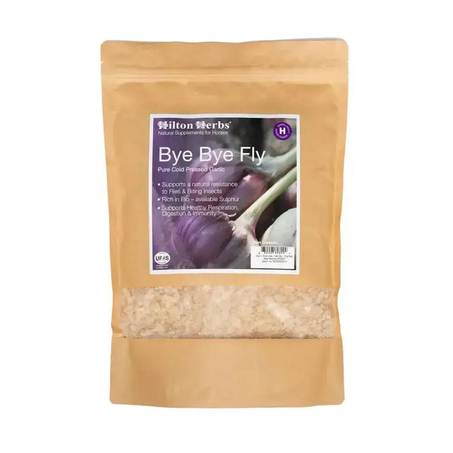 A brown resealable pouch of hilton herbs bye bye fly pure cold pressed garlic granules for natural pest control