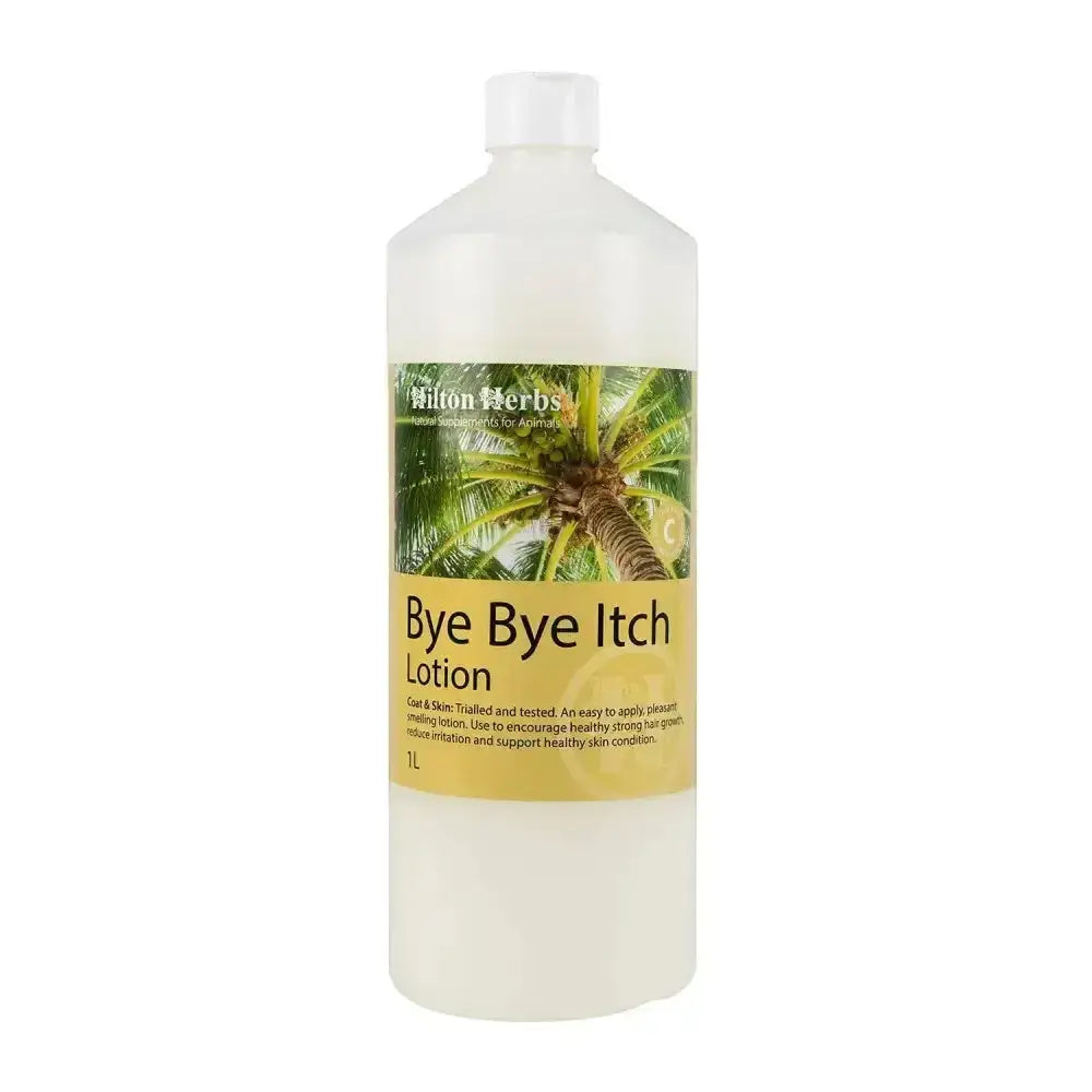 A clear plastic bottle with a white cap labeled hilton herbs bye bye itch lotion for soothing skin irritation