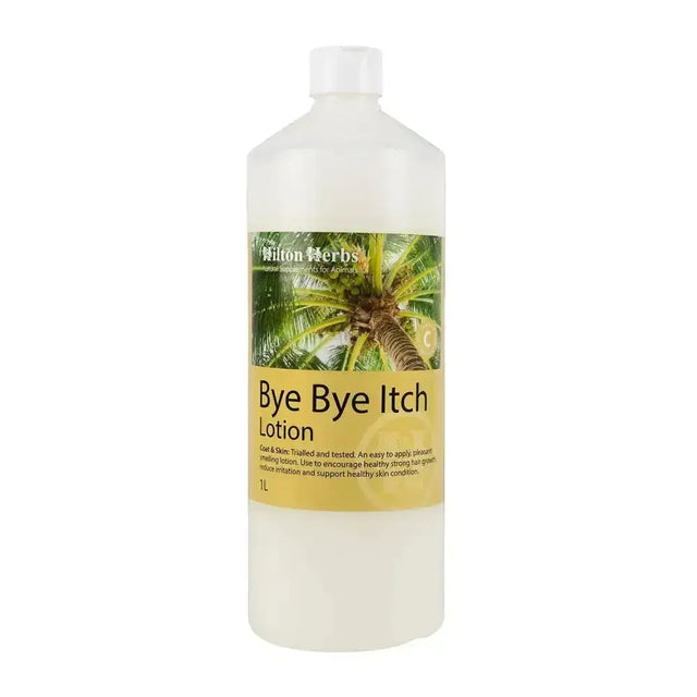A clear plastic bottle with a white cap labeled hilton herbs bye bye itch lotion for soothing skin irritation