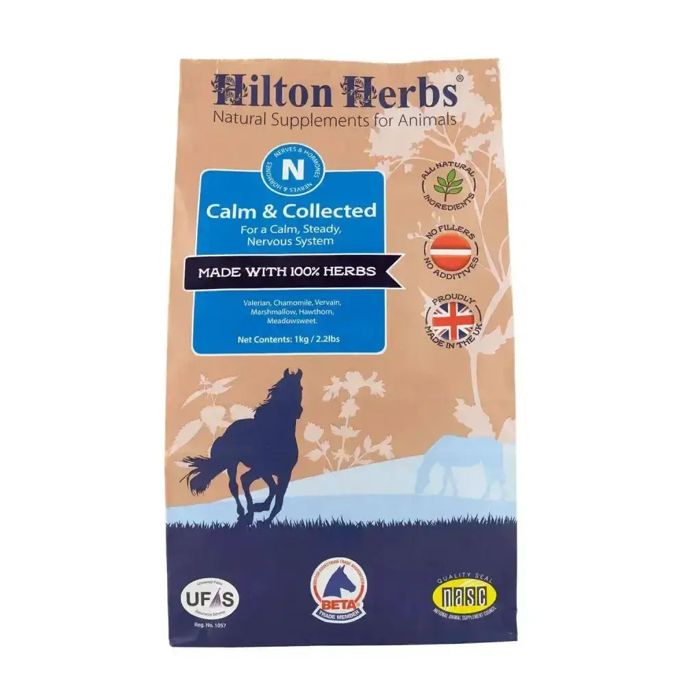 A tan and navy blue package of hilton herbs calm and collected horse supplement with a horse silhouette and pastoral scene
