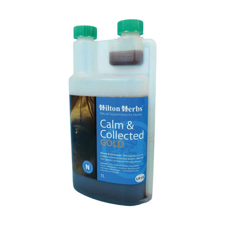 A 1l translucent plastic bottle with green caps of hilton herbs calm & collected gold tested calmer for horses