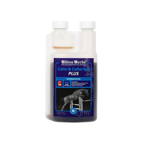 A white plastic bottle with a blue horse label of hilton herbs calm for animals to support optimum focus and competition ready