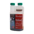 A 500ml transparent plastic bottle with green caps labeled hilton herbs canine releaf gold dog supplements for mobility