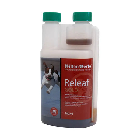 A 500ml transparent plastic bottle with green caps labeled Hilton Herbs canine releaf gold dog supplements for mobility