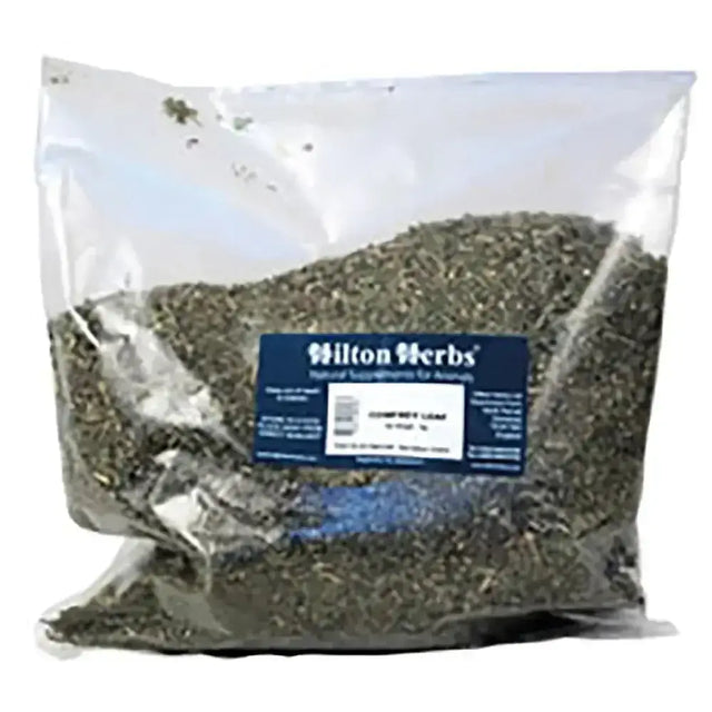 A clear bag of dark green dried comfrey leaf herbs comfrey leaf natural supplements for animals by hilton herbs comfrey