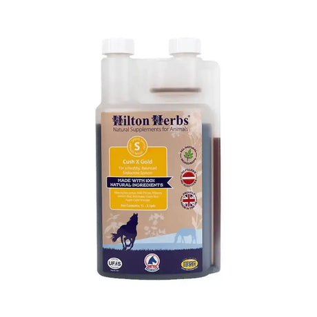 A clear plastic bottle with white cap containing dark liquid labeled hilton herbs cush x gold for endocrine balance metabolic function
