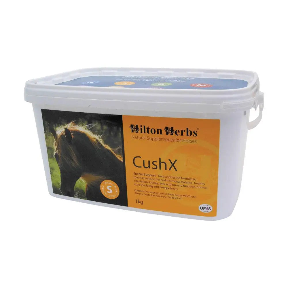 White plastic container with blue lid and orange label of hilton herbs cushx hormonal supplements supporting endocrine function