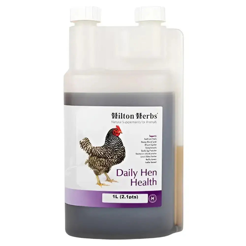 A 1-liter translucent plastic bottle of hilton herbs daily hen health supplement with a white label and chicken illustration