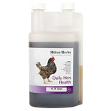 A 1-liter translucent plastic bottle of hilton herbs daily hen health supplement with a white label and chicken illustration