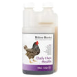A clear plastic bottle with a white cap containing light brown liquid labeled hilton herbs daily for daily hen health