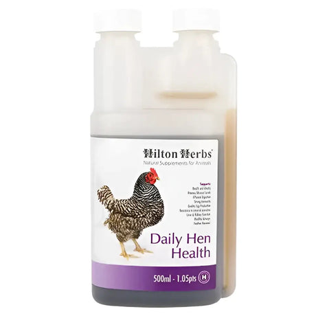 A clear plastic bottle with a white cap containing light brown liquid labeled hilton herbs daily for daily hen health