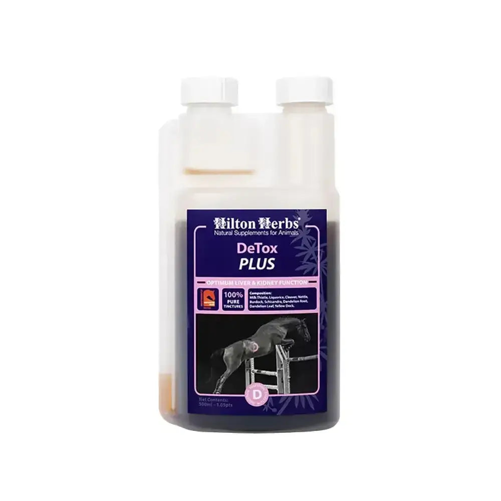 Hilton herbs detox plus dark liquid in clear plastic bottle with purple label supports optimum liver fast acting concentrated formula