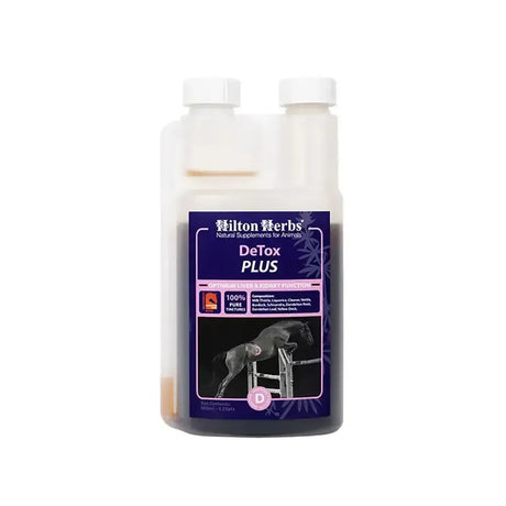 Hilton herbs detox plus dark liquid in clear plastic bottle with purple label supports optimum liver fast acting concentrated formula