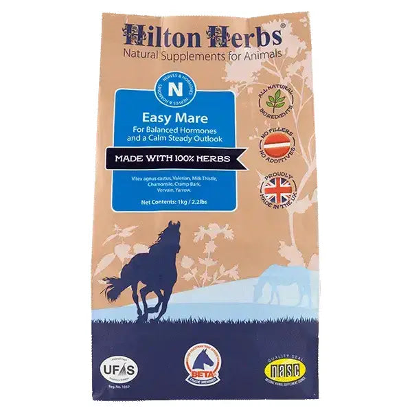Hilton herbs easy mare supplement bag in beige and navy blue with horse silhouette for calm steady outlook horse hormone supplements