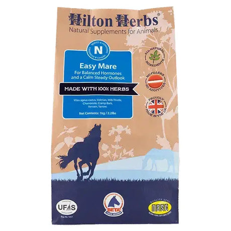 Hilton herbs easy mare supplement bag in beige and navy blue with horse silhouette for calm steady outlook horse hormone supplements