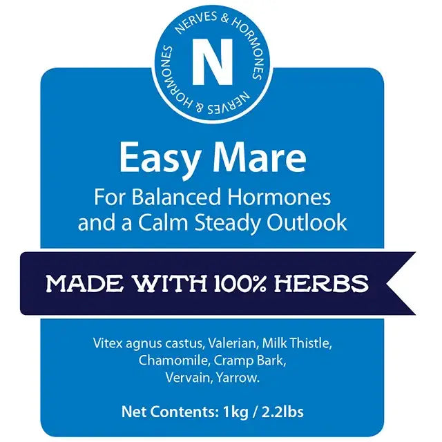 Blue rectangular label for hilton herbs easy mare herbal supplement with white text and calm steady outlook logo