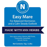 Blue rectangular label for hilton herbs easy mare herbal supplement with white text and calm steady outlook logo