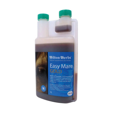 A 1 liter transparent plastic bottle with green cap containing dark brown hilton herbs easy mare gold horse hormone supplement