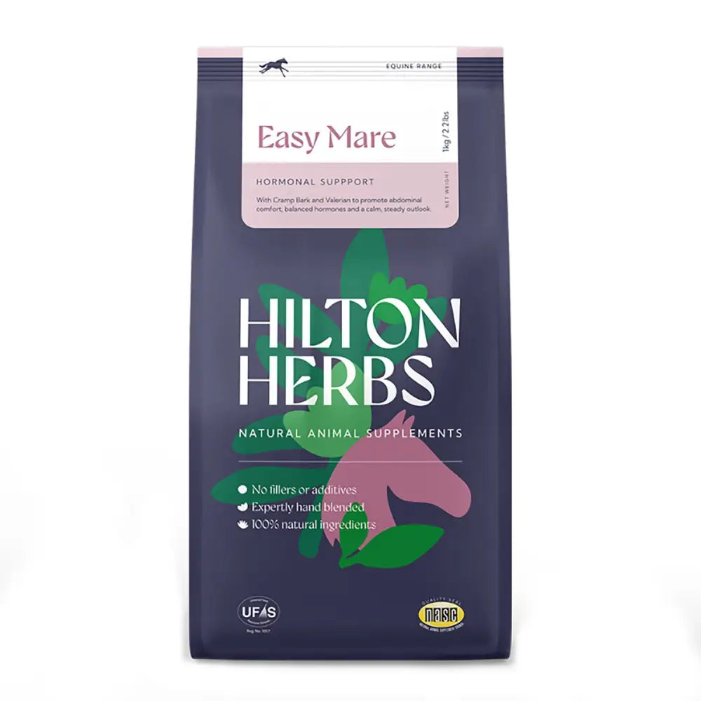 Dark purple bag of hilton herbs easy mare proven herbal supplement for hormonal support in horses