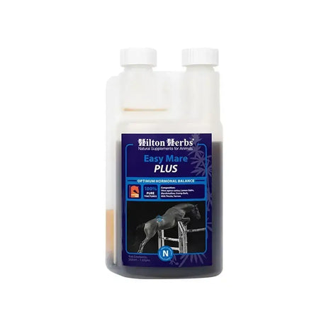A clear plastic bottle with white cap labeled hilton herbs easy mare plus featuring a horse, support optimum hormonal balance and fast acting concentrated formula