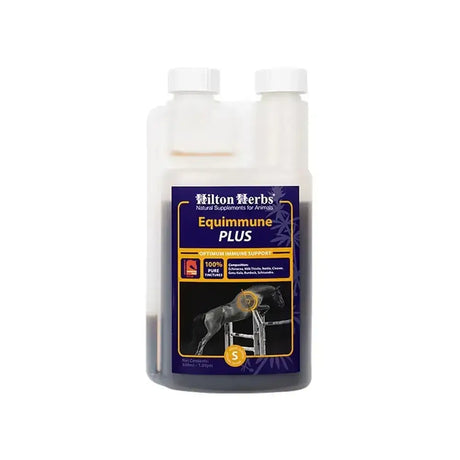 A clear plastic bottle with white cap containing dark liquid labeled hilton herbs equimmune plus fast acting concentrated formula