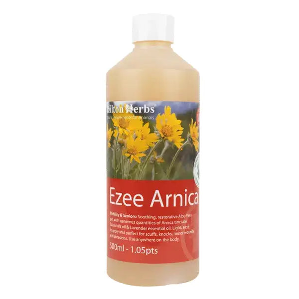 A clear plastic bottle of hilton herbs ezee arnica gel with white cap and yellow flower label for soothing cooling gel use