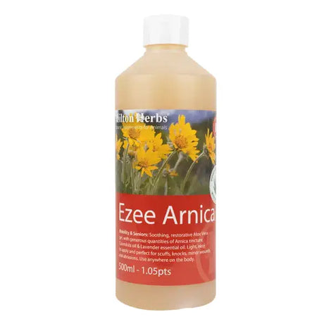 A clear plastic bottle of hilton herbs ezee arnica gel with white cap and yellow flower label for soothing cooling gel use