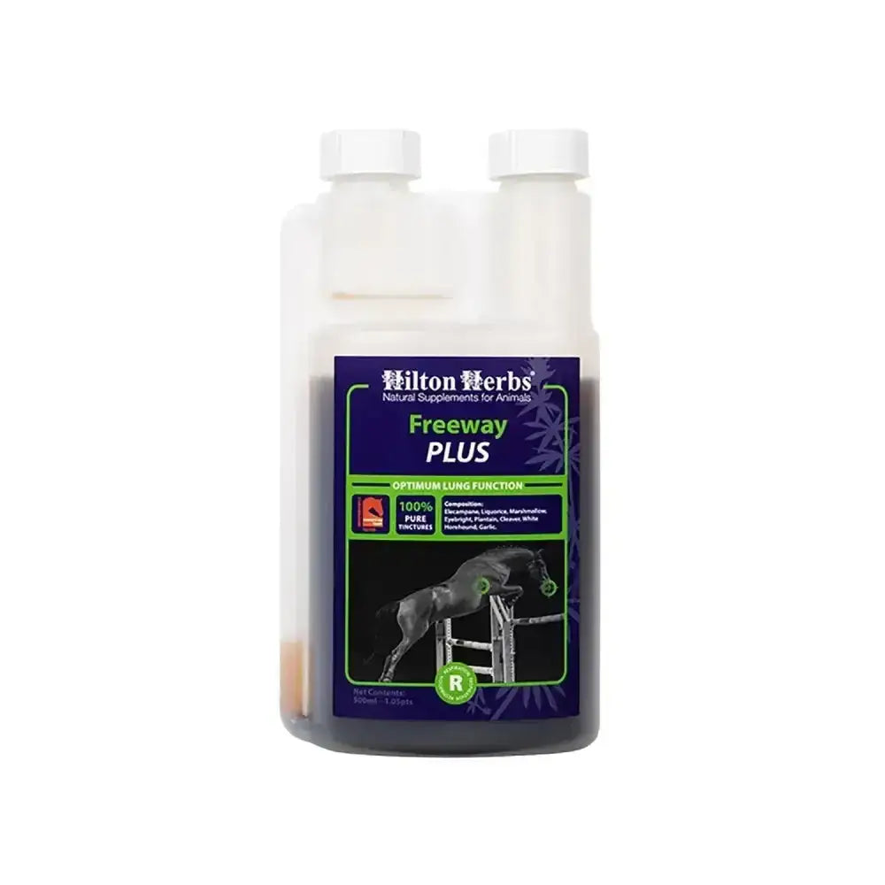 Hilton herbs freeway plus dark liquid supplement in white bottle with purple green label for respiratory support