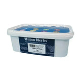 White plastic tub of hilton herbs garlic powder 1kg container with blue label and colorful icons pure culinary grade