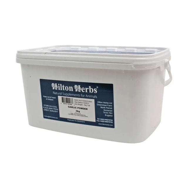 White plastic container of hilton herbs garlic powder with blue and white label pure culinary grade garlic