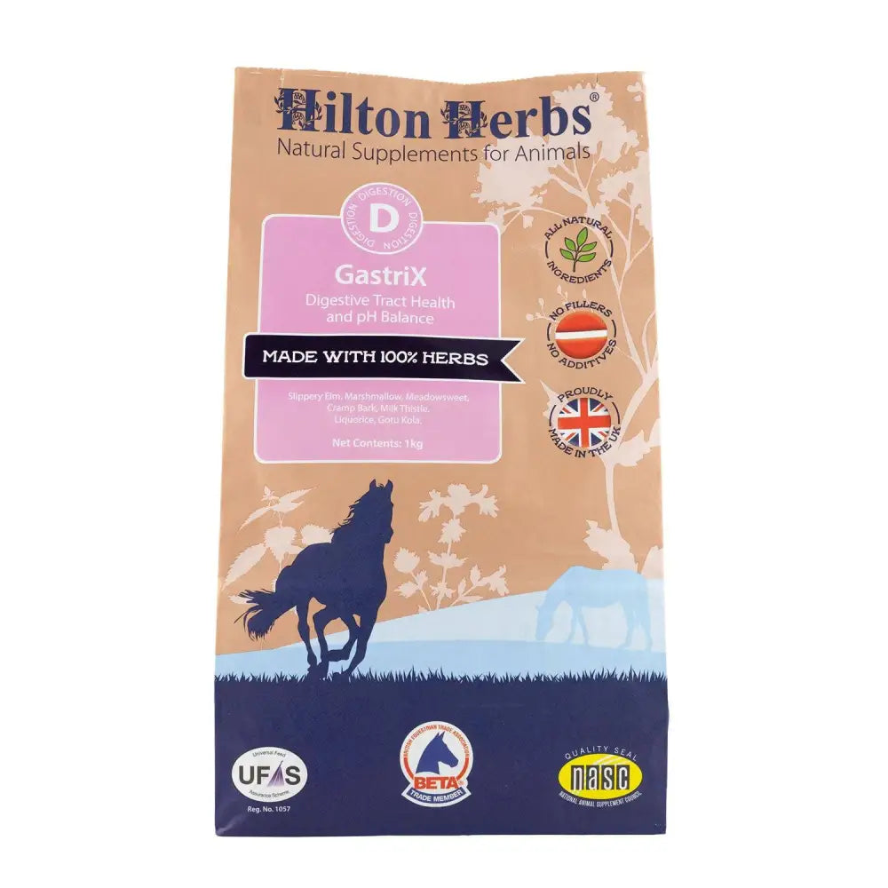 Hilton herbs gastri x horse supplement bag in tan and navy with horse silhouettes for gut balancers and digestive health