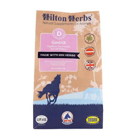 Hilton herbs gastri x horse supplement bag in tan and navy with horse silhouettes for gut balancers and digestive health