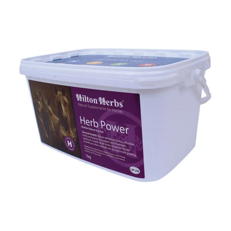 White plastic container of hilton herbs herb power horse supplement for year round general health with purple brown label