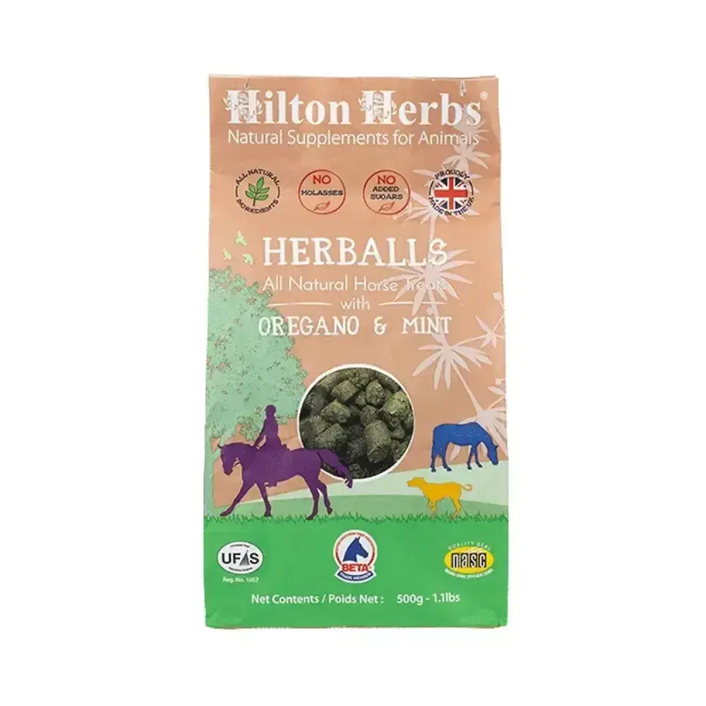 Hilton herbs herballs herbal horse treats with oregano and mint in a brown and green package, a wonderful time-saving device