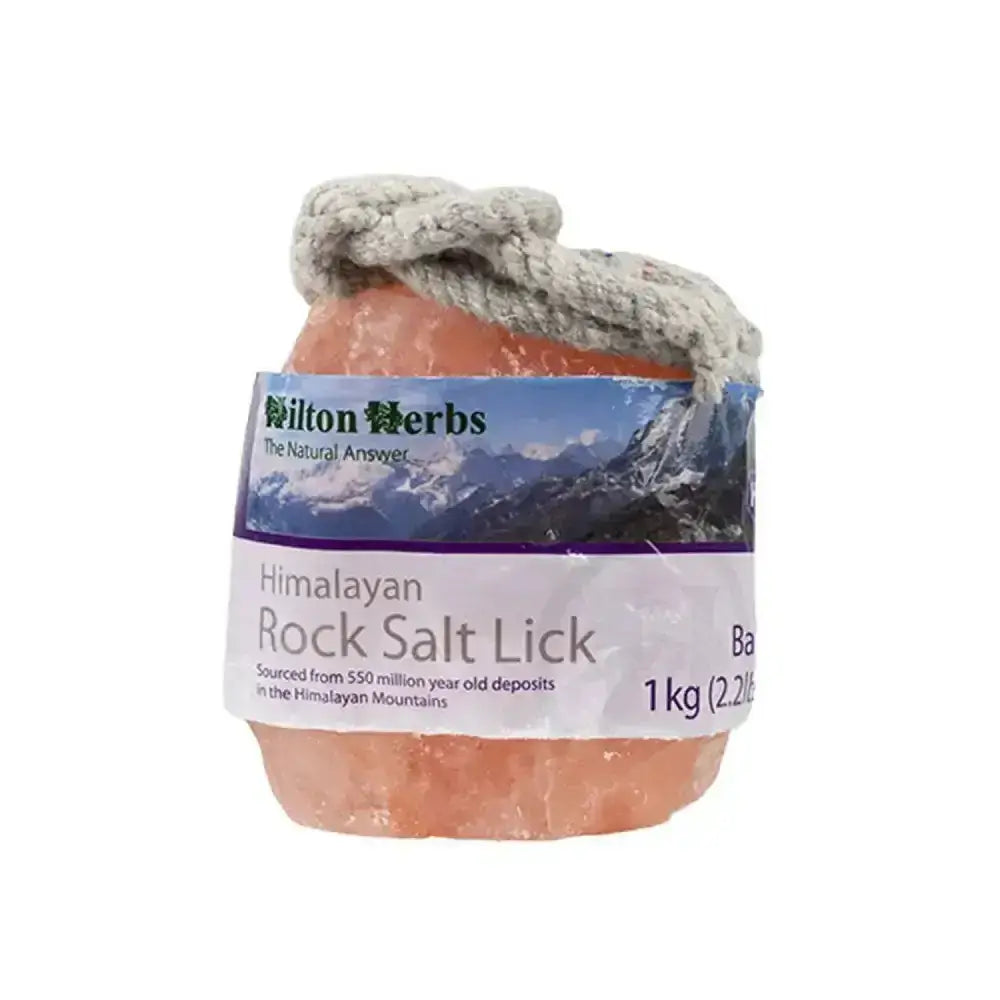 Pink himalayan salt lick with softer pressed salt texture and knotted rope handle by hilton herbs himalayan