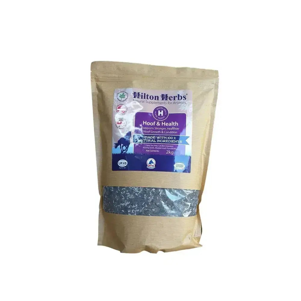 Hilton herbs hoof and health supplement in a 2kg brown resealable pouch with purple blue labeling for weak cracking hooves