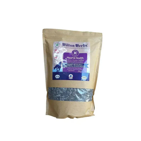 Hilton herbs hoof and health supplement in a 2kg brown resealable pouch with purple blue labeling for weak cracking hooves