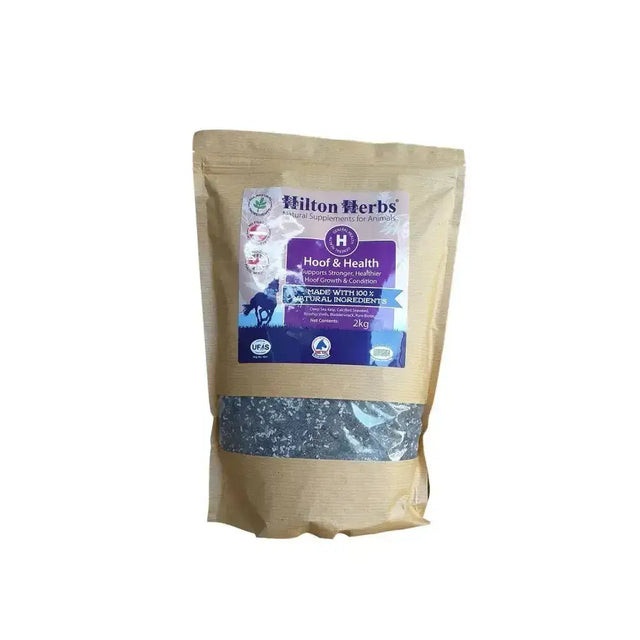 Hilton herbs hoof and health supplement in a 2kg brown resealable pouch with purple blue labeling for weak cracking hooves