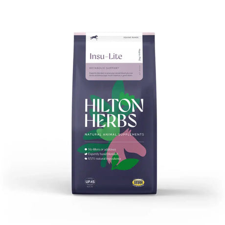 Dark purple bag of hilton herbs insu-lite horse hormone supplements with pink horse and green leaf for ponies struggling