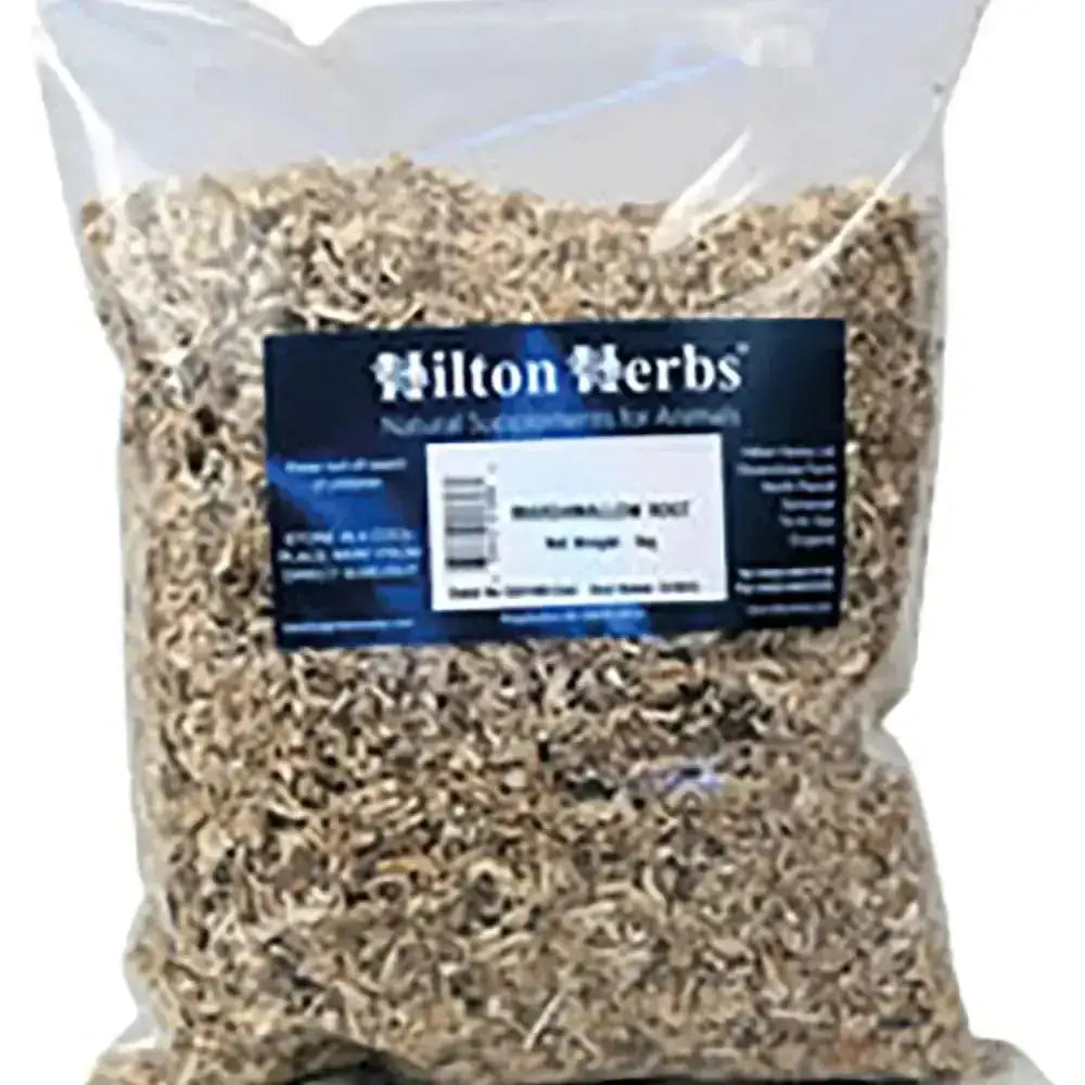 A clear plastic bag of light brown shredded marshmallow root herb labeled hilton herbs marshmallow for reducing inflammation