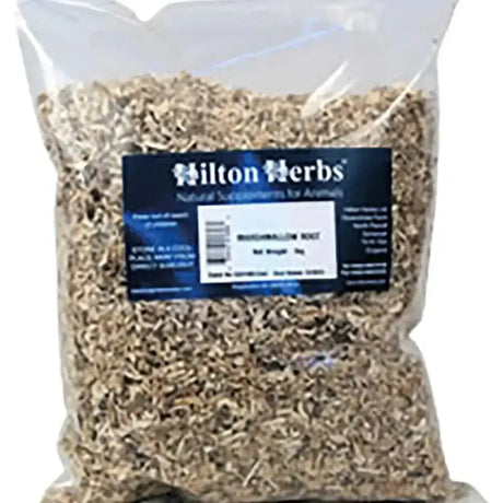 A clear plastic bag of light brown shredded marshmallow root herb labeled hilton herbs marshmallow for reducing inflammation