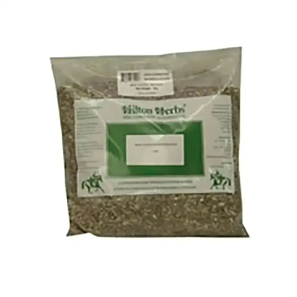A clear plastic bag of hilton herbs milk containing dried greenish-brown thistle seed bruised herbal mix