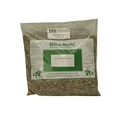 A clear plastic bag of hilton herbs milk containing dried greenish-brown thistle seed bruised herbal mix