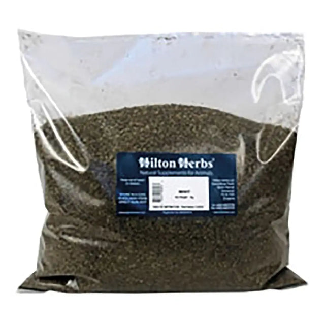 A clear plastic bag of dark green dried herbs labeled hilton herbs mint for herbs mint soothing and digestive use