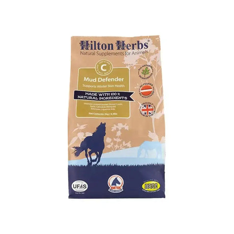 Hilton herbs mud defender natural supplement bag in tan and navy blue supports winter skin health and fights mud dwelling bacteria with essential fatty acids