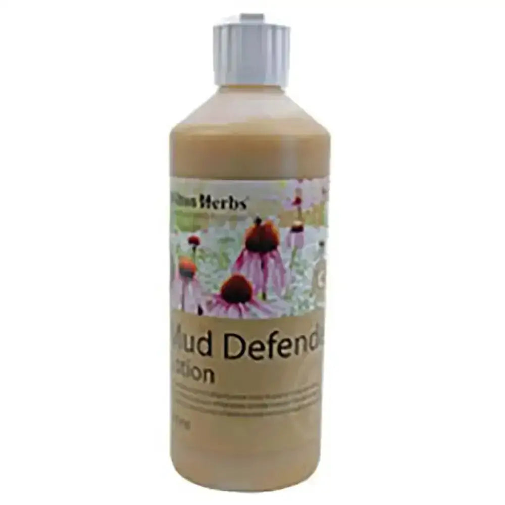 A beige plastic bottle of hilton herbs mud defender lotion with a white cap and purple coneflower label illustration