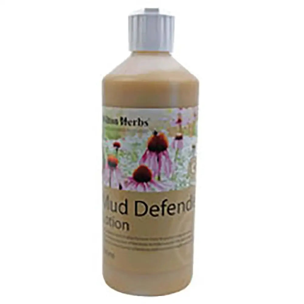 A beige plastic bottle with a white cap labeled hilton herbs mud defender mud defender lotion with purple coneflowers