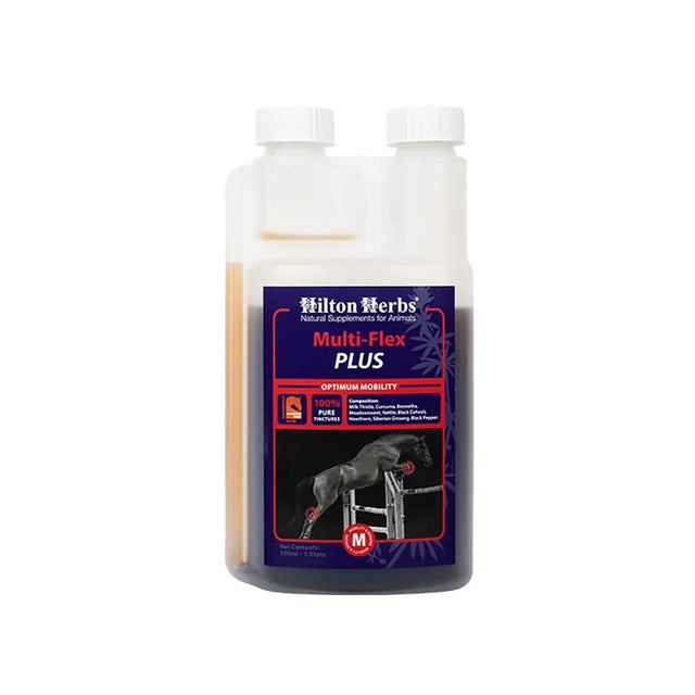Hilton herbs multi-flex plus bottle with amber liquid and blue label featuring a horse for competition ready use