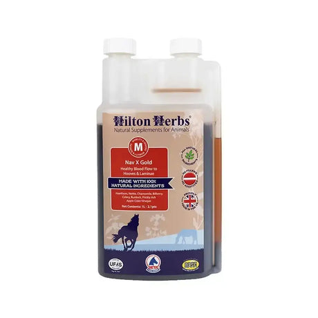 Hilton herbs nav x gold amber liquid in a transparent plastic bottle with white caps supports normal blood supply
