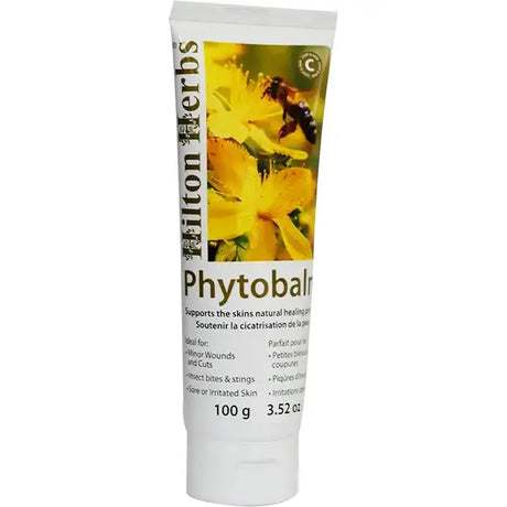 White tube of hilton herbs phytobalm with yellow flowers and bee label for minor wounds and insect bites universal wound cream